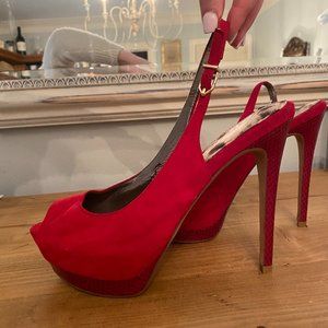 Red Suede/Snake Skin Platform Slingback Peeptoe Heels - Size 7.5